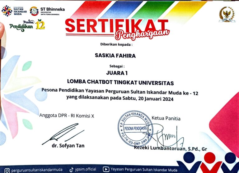 Pesona Pendidikan YPSIM 2024: Mahasiswa Saskia Fahira Raih Juara 1 Chatbot Tingkat Universitas