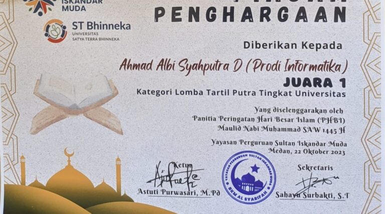 Ahmad Albi Syahputra Dalimunthe Raih Juara 1 Lomba Tartil Putra pada Peringatan Hari Besar Islam di Universitas Satya Terra BhinnekaBeranda